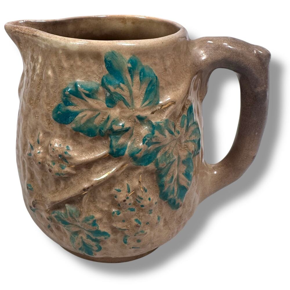 Antique Avalon Faience Majolica Milk / Creamer Pitcher 3.5" Brown Floral Design